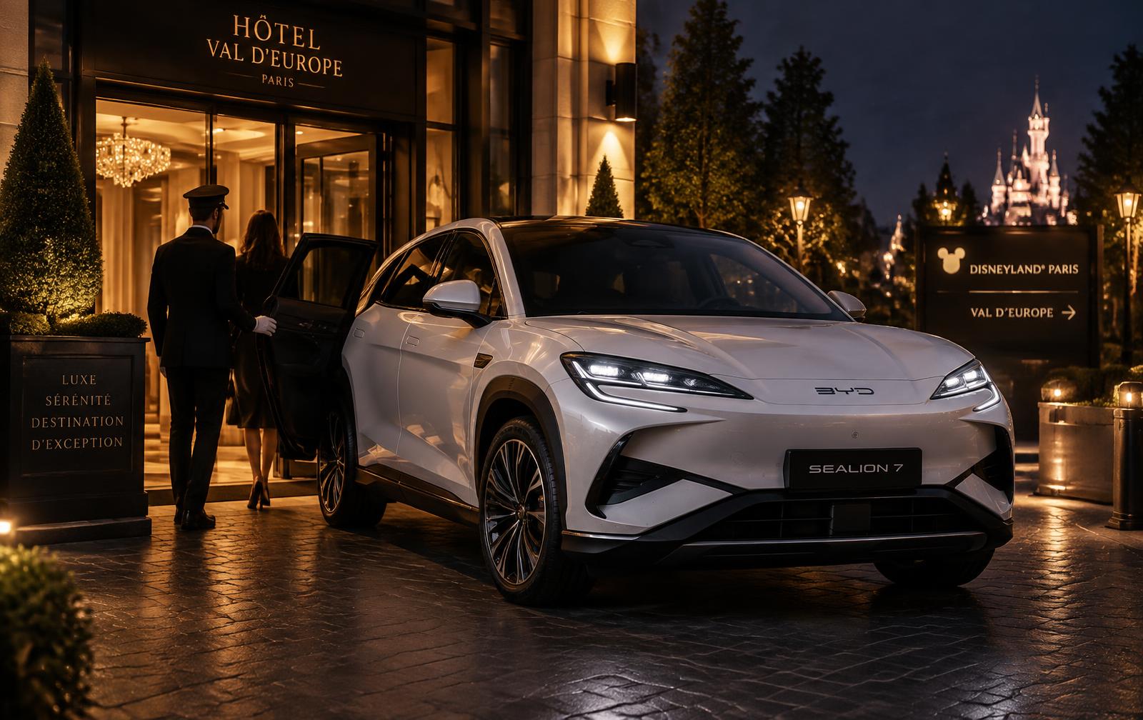 BYD Sealion 7 blanc devant un hôtel de luxe à Val d'Europe la nuit